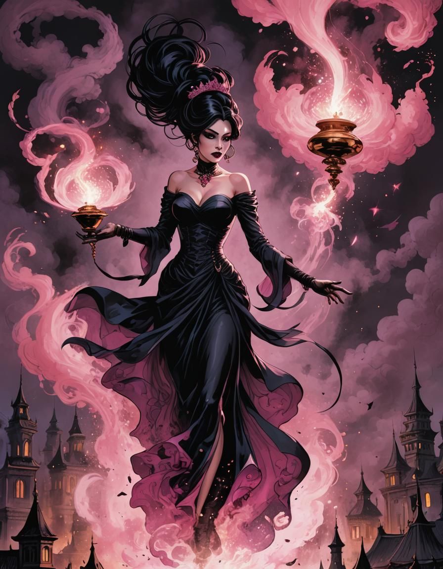 Beautiful, alluring goth genie rises from her magic lamp. Pinks and blacks. Clean. Long shot.