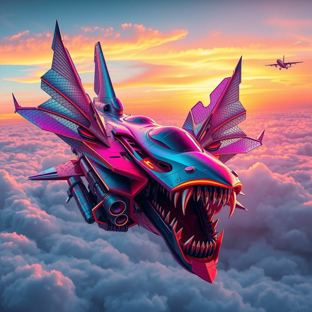 Kaleidoscopic Fighter Jet in Futuristic Landscape
