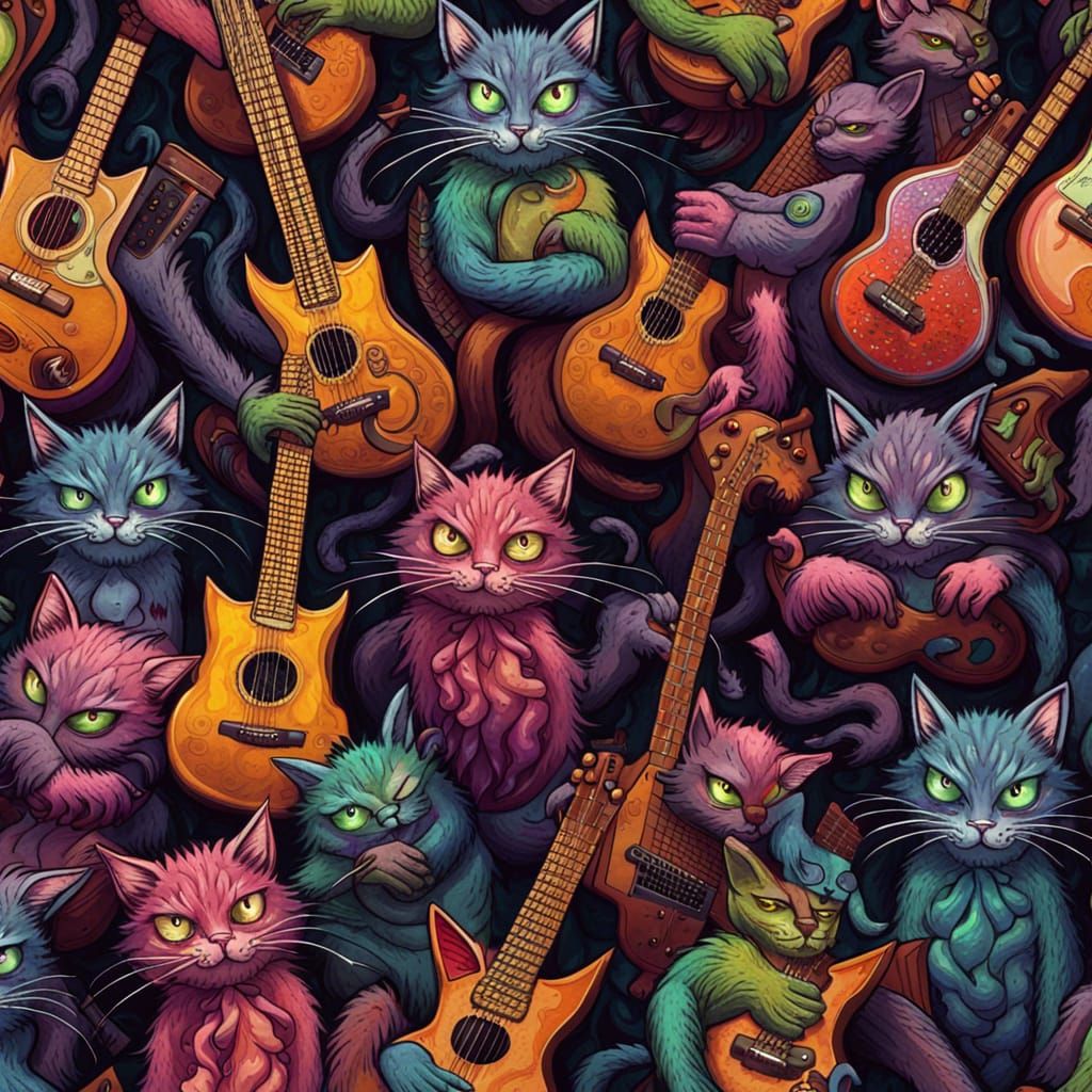 Sinister Cats with Guitars in Dark Fantasy Style