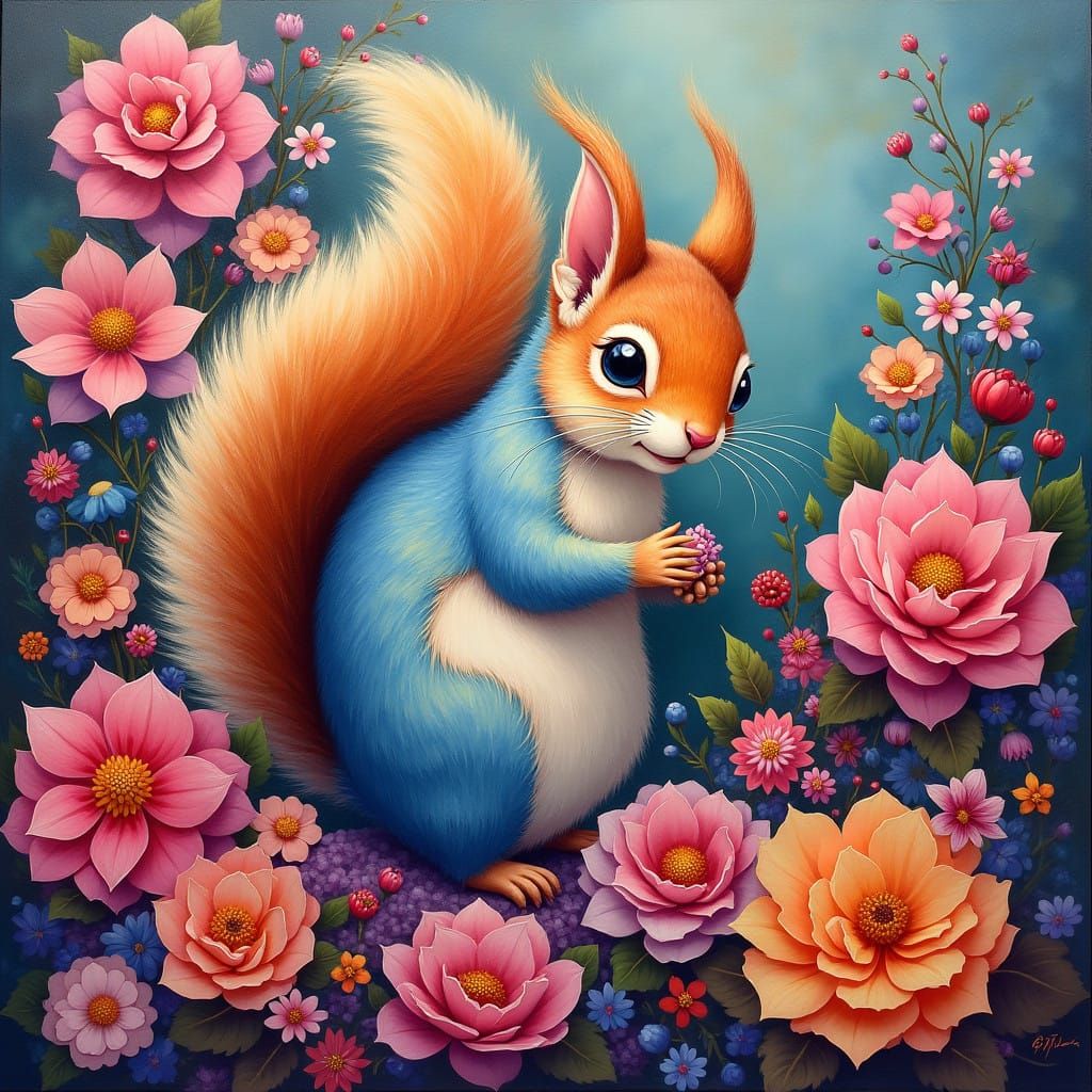 Dreamlike Squirrel in a Vibrant Floral Wonderland