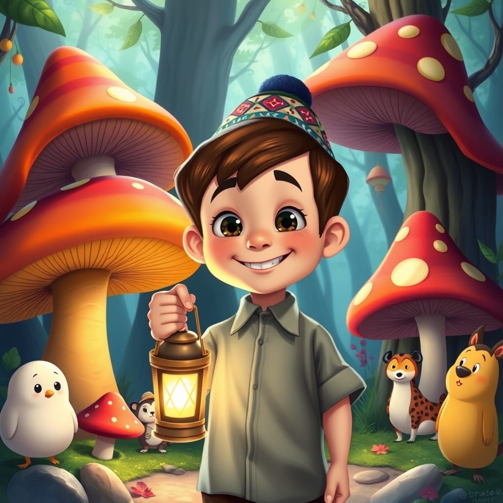 Boy with Lantern in Whimsical Animated Forest