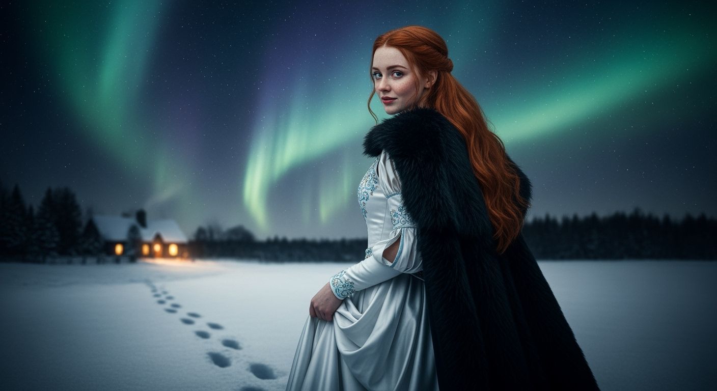 Redheaded Maiden Under Aurora Borealis
