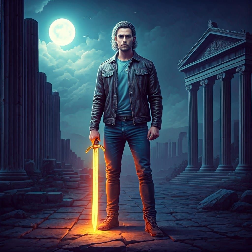 Heroic Demigod Warrior in Moonlit Ruins