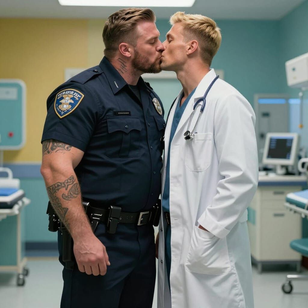 Stocky Cop Kisses Doctor in ER - Hyperrealistic Art