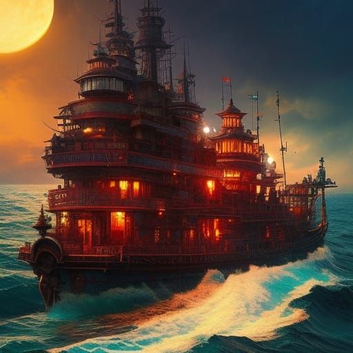 Steampunk Raft Under Blood Moon, Detailed Digital Art