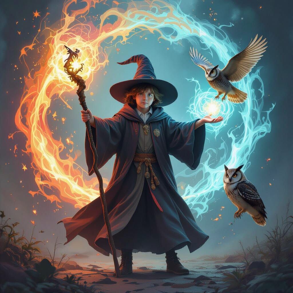 Child Wizard Casting Spell in Detailed Matte Painting