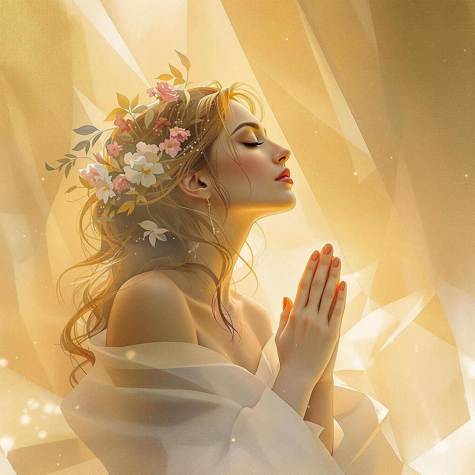 Contemplative Woman in Prayer with Golden Light