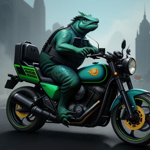 Lizard Police Officer on Motorcycle: Detailed Matte Painting