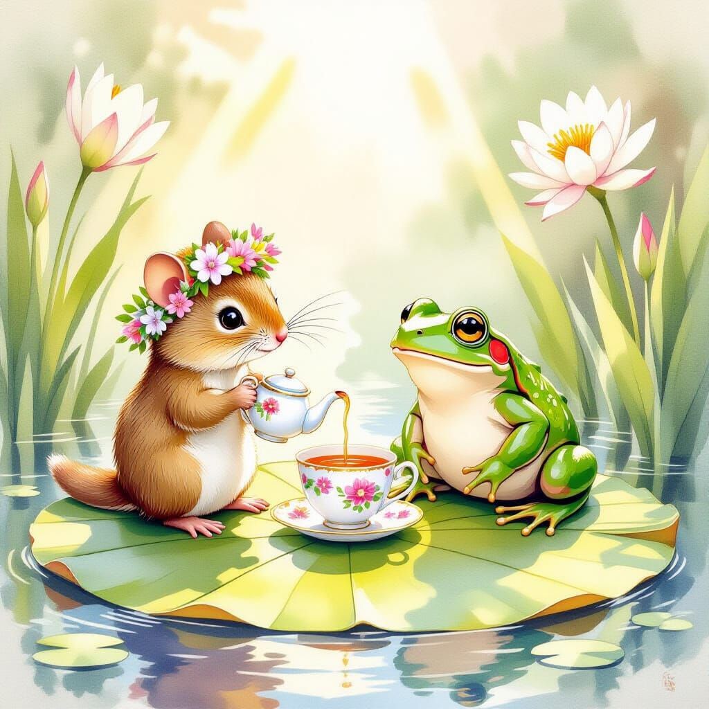 Dormouse and Frog Tea Party in Watercolor Style