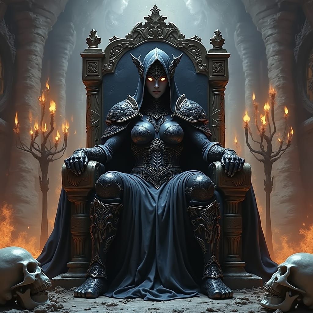 Drow Warrior Queen on Skull Throne in Fantasy Art Style