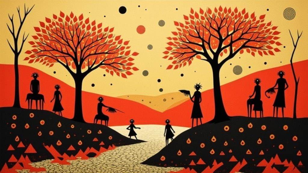 Vibrant Warli Tribal Art with Geometric Figures