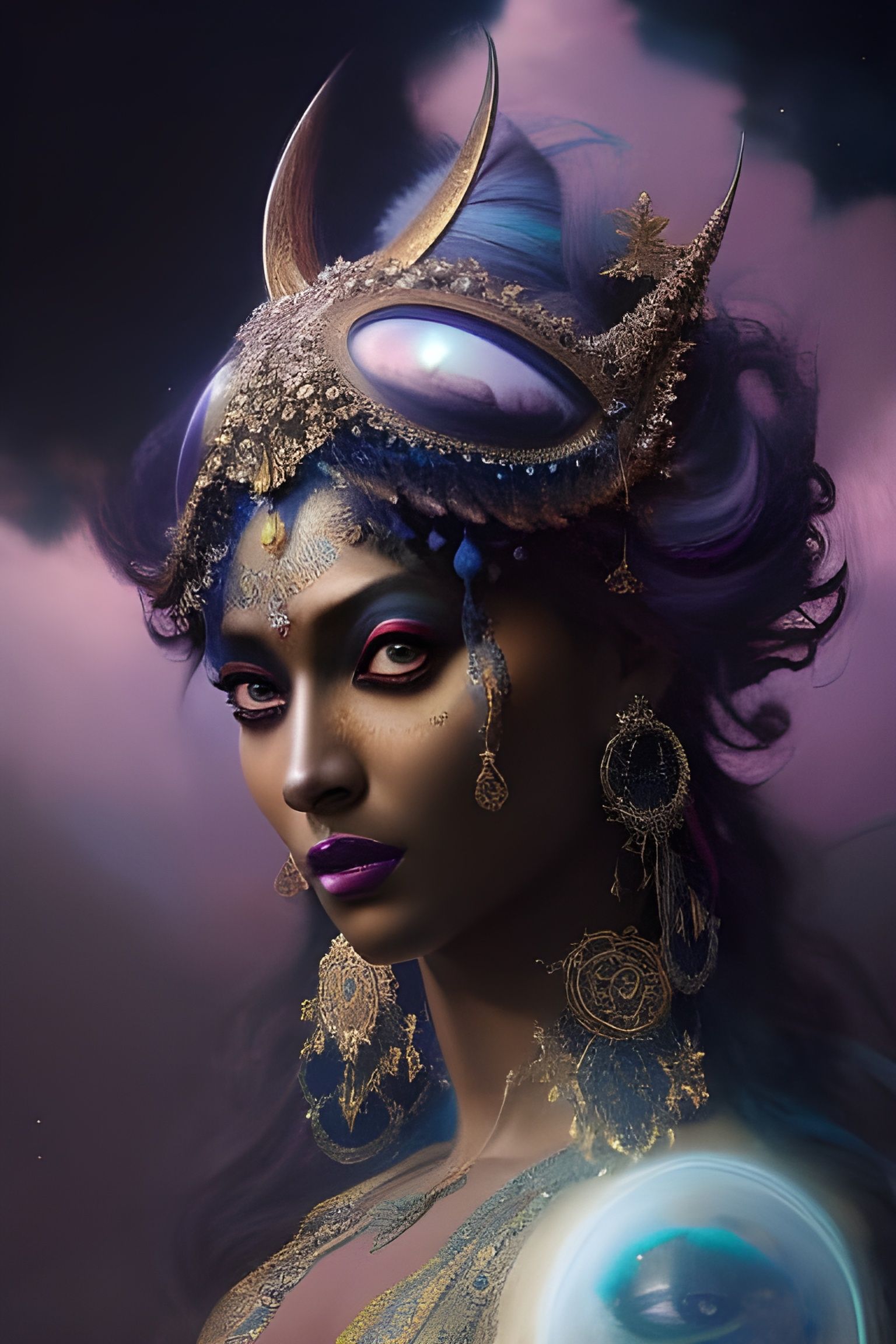 Elaborate Shadow Goddess in Astral Silk Dress