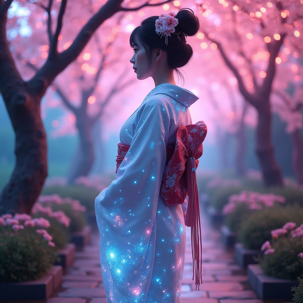Cyberpunk Geisha in Neon Garden with Cherry Tree