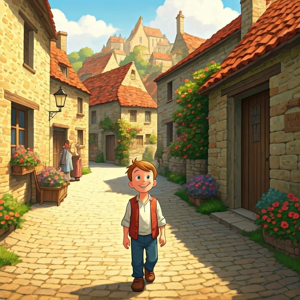 Warm Village Scene with Whimsical Folk Art Style