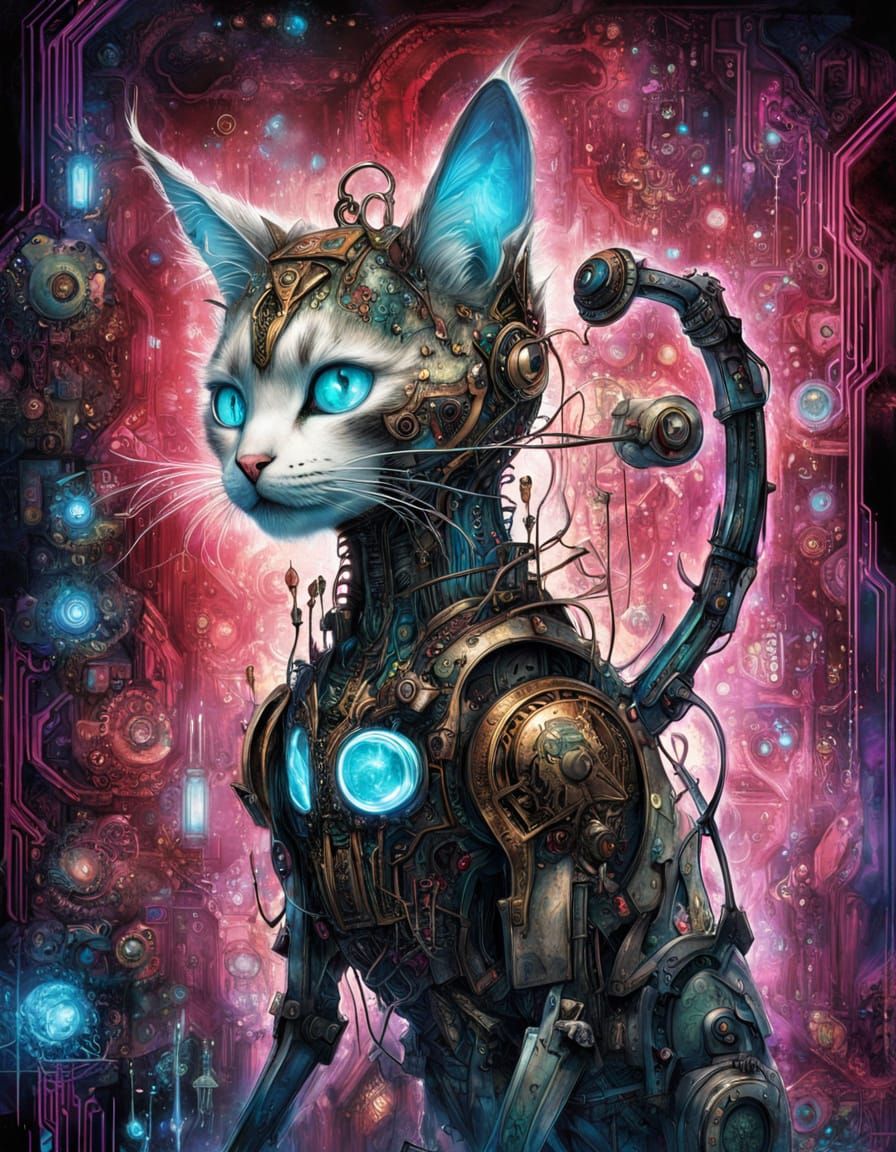 Cybernetic Kitten Robot Portrait with Circuitry Background