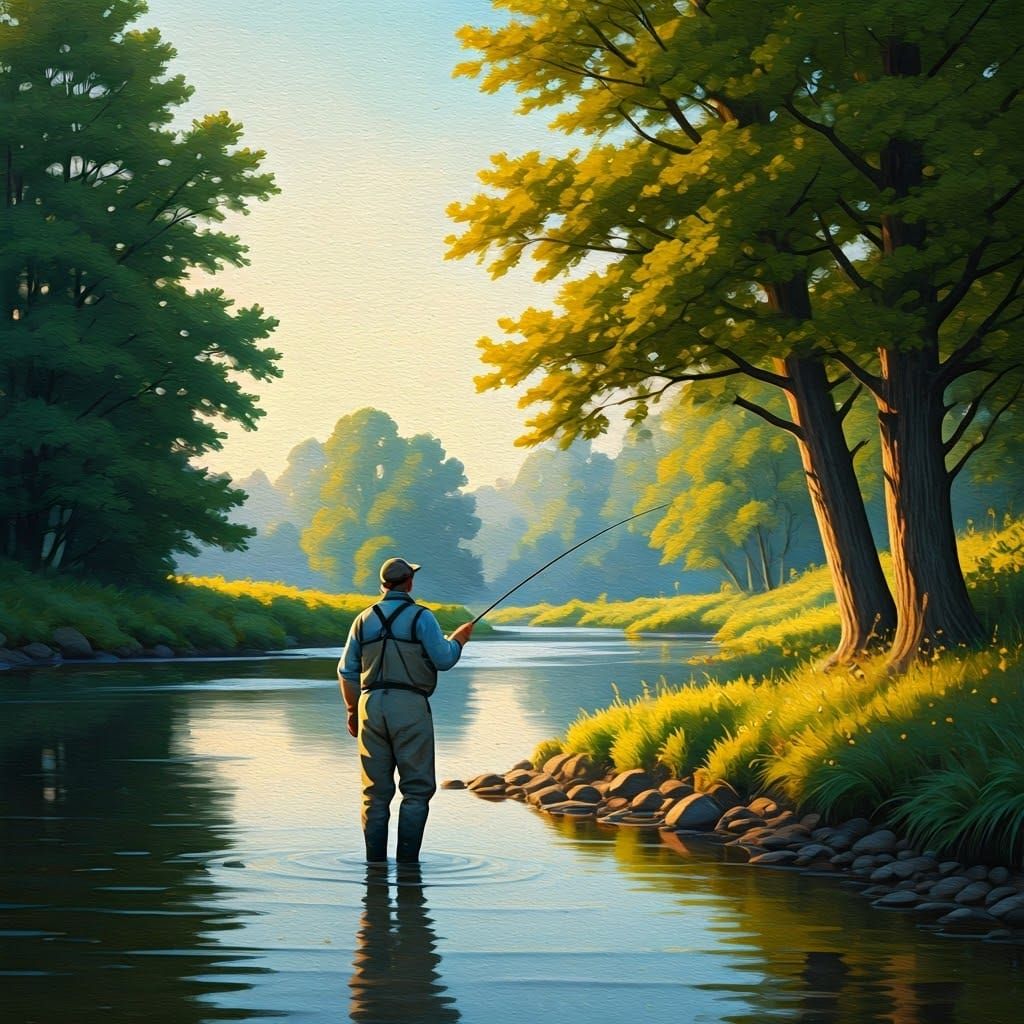 Fly Fisherman on Riverbank in Impressionist Style