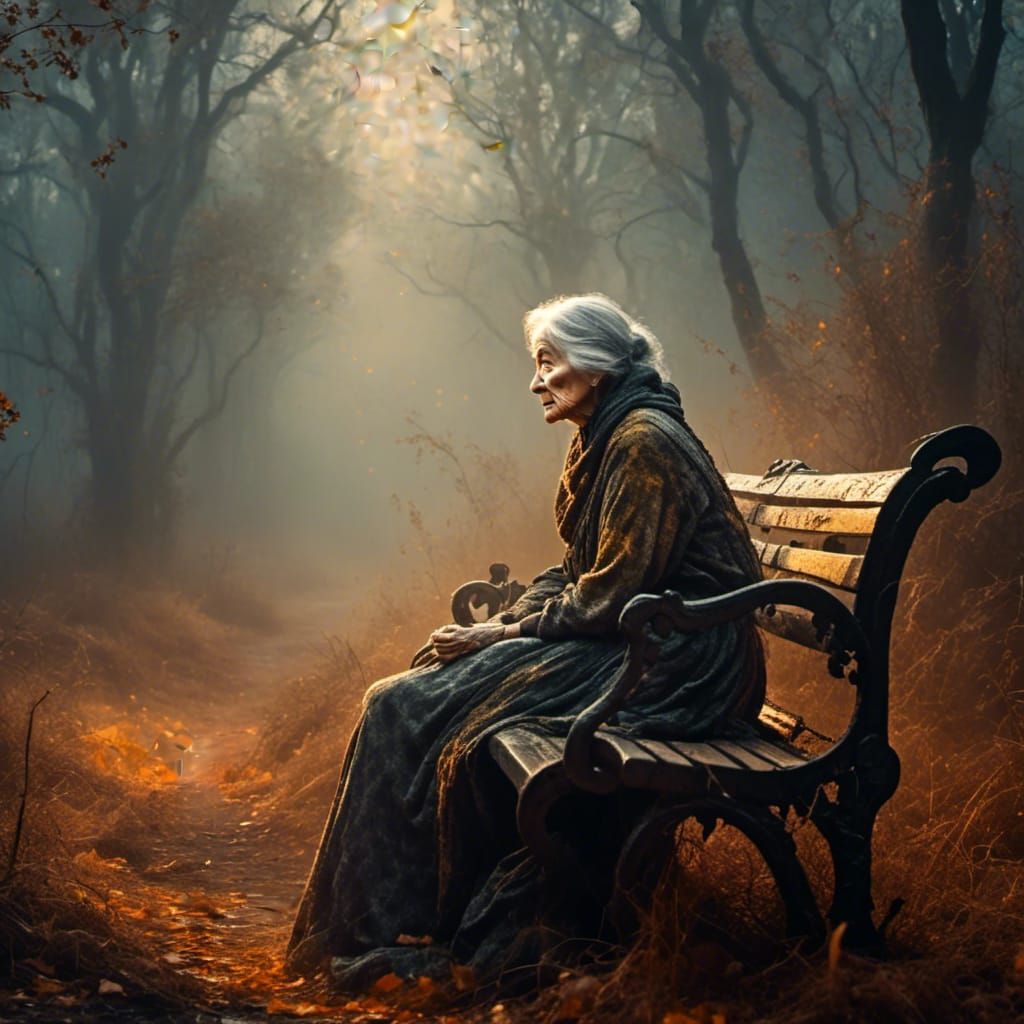 Elderly Woman in Forest: Surreal Impasto Painting