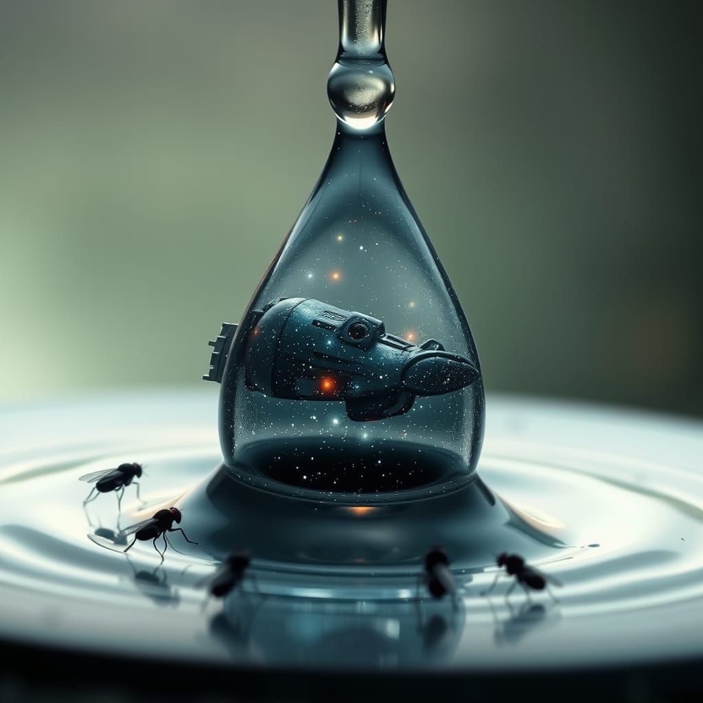 Surreal Sci-Fi Drop Containing Tiny Spaceship and Galaxies