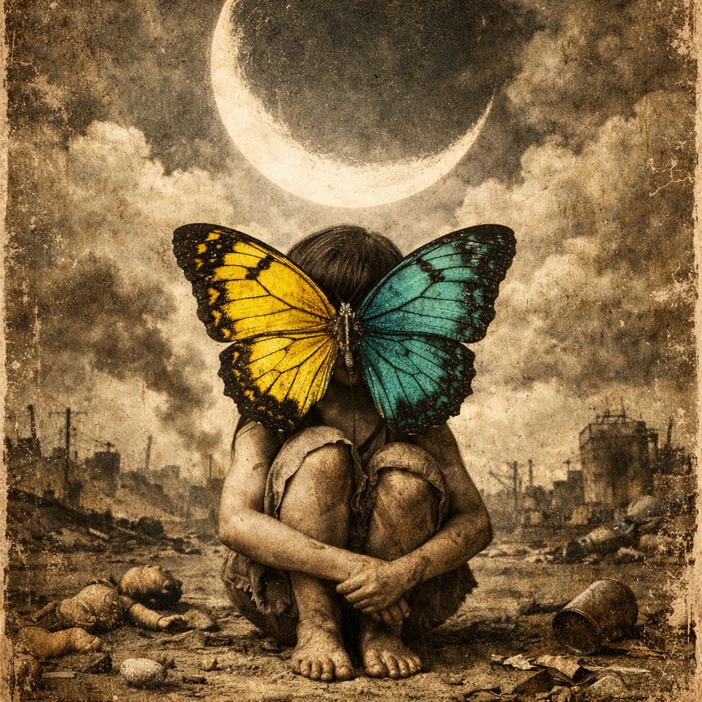 Surreal Child in Wasteland with Butterfly Under Moon