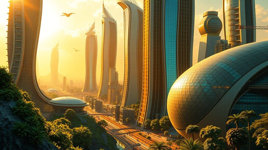 Solarpunk Metropolis with Iridescent Solar Panels and Organi...