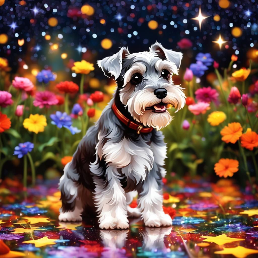 Chibi Miniature Schnauzer Dancing in Rainy Autumn