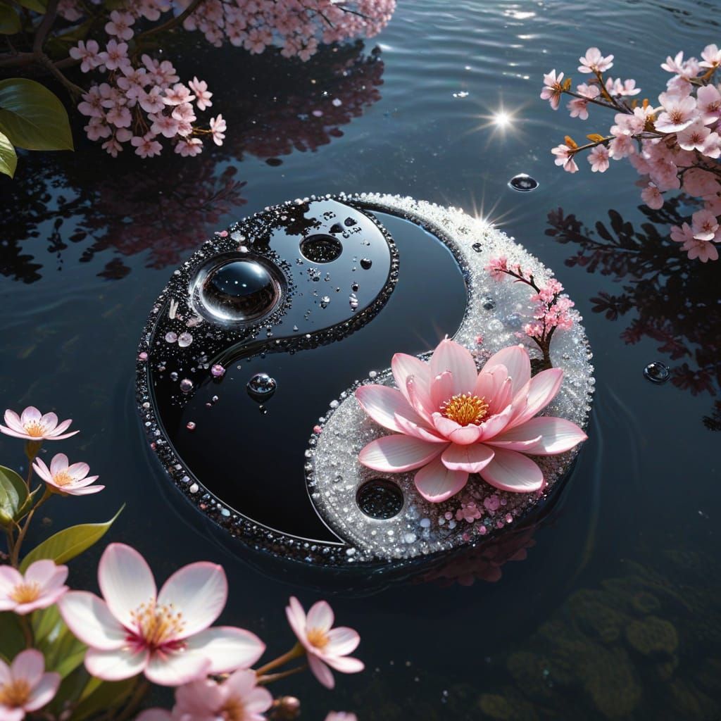 Crystal Yin Yang with Cherry Blossoms: Photorealistic CGI