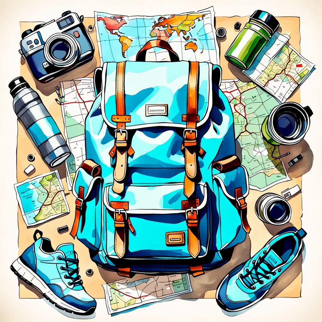 Travel Essentials Top View in Colorful Sketch Style