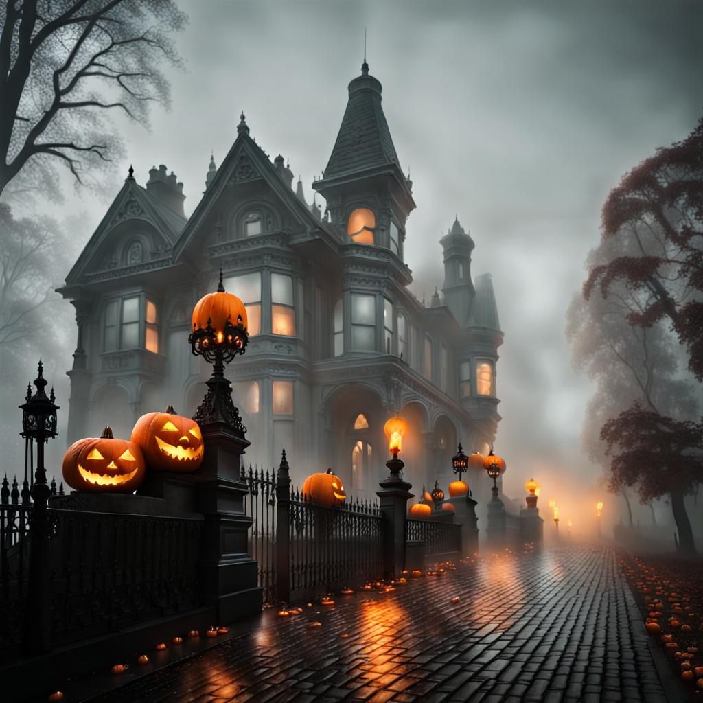 Foggy Gothic Victorian City with Jack-o-Lanterns