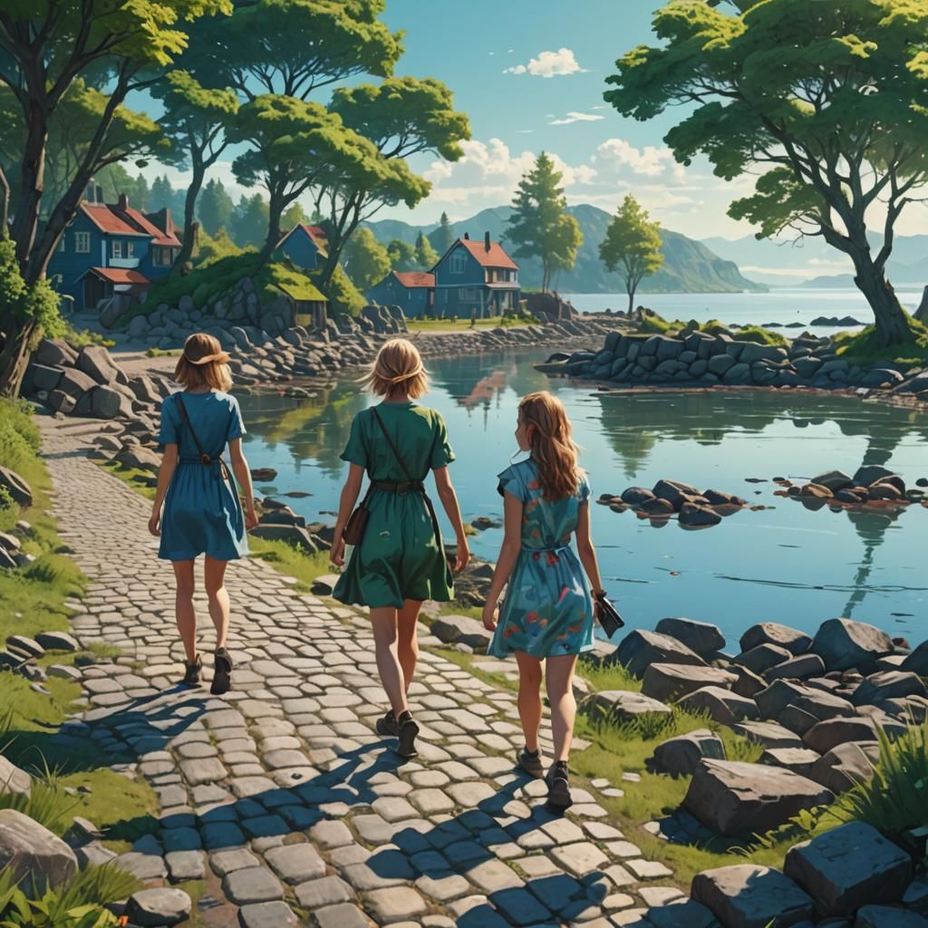 Cobblestone Beach Scene in Fantasy Concept Art Style