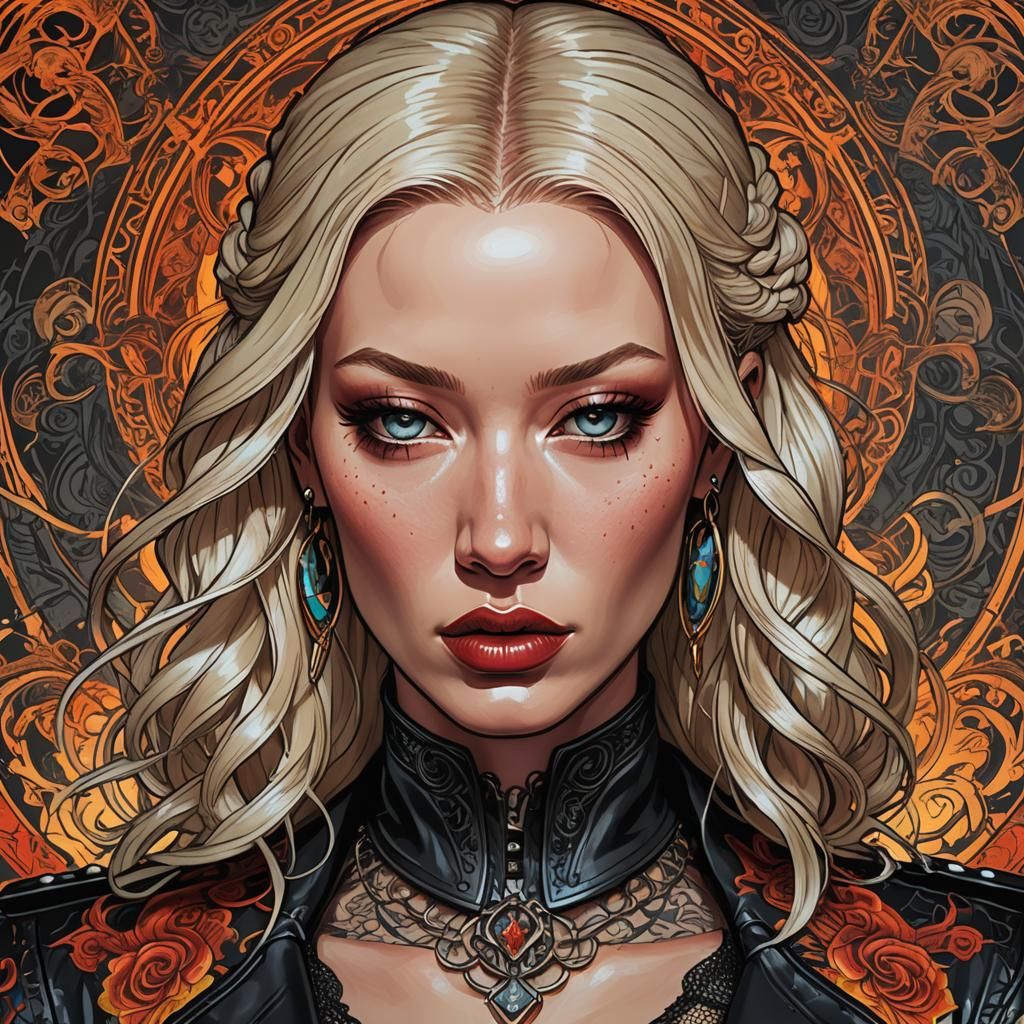 High-Contrast Portrait of Woman with Ornate Tattoos