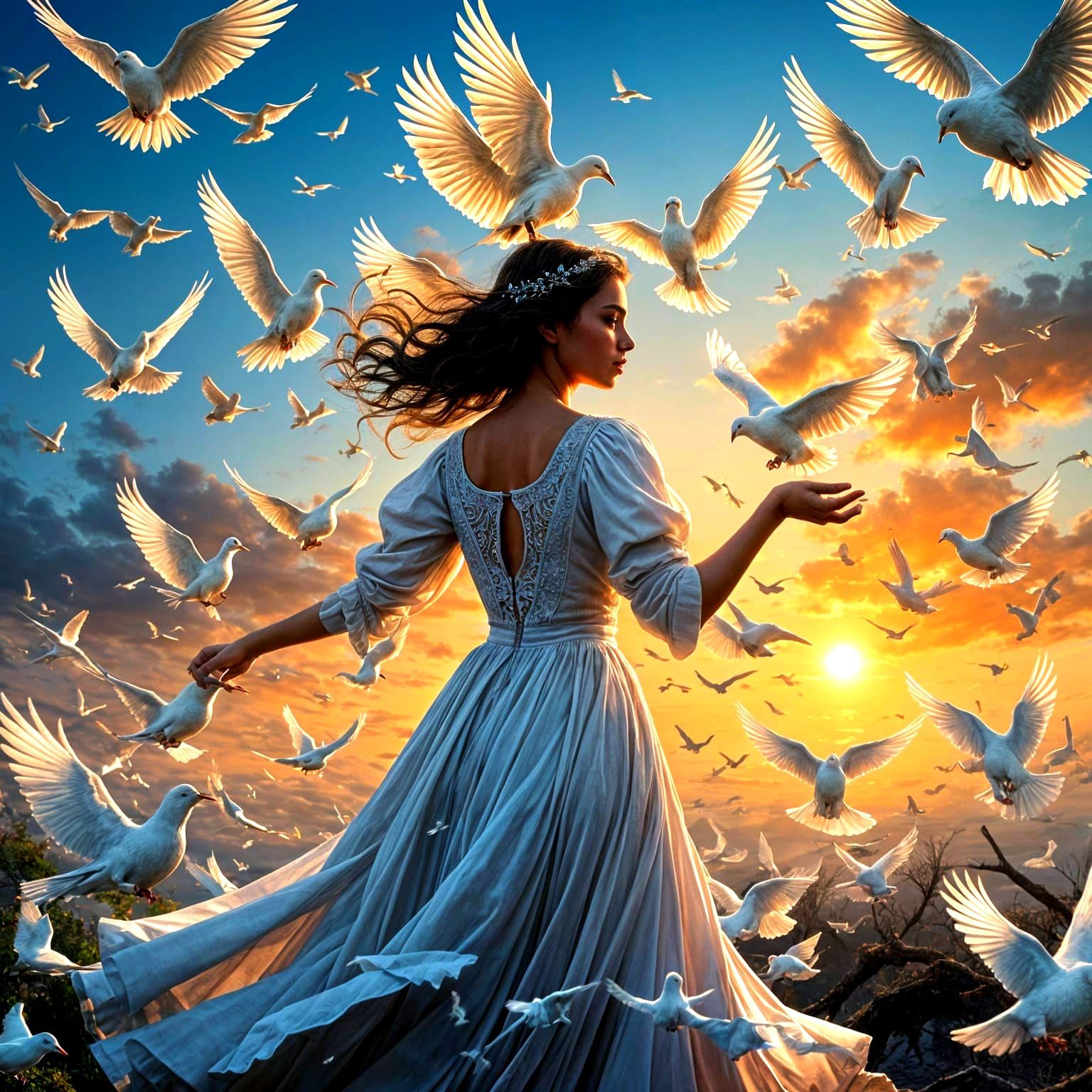 Enchanting Hispanic Woman Adorned in White Dove Gown in Suns...
