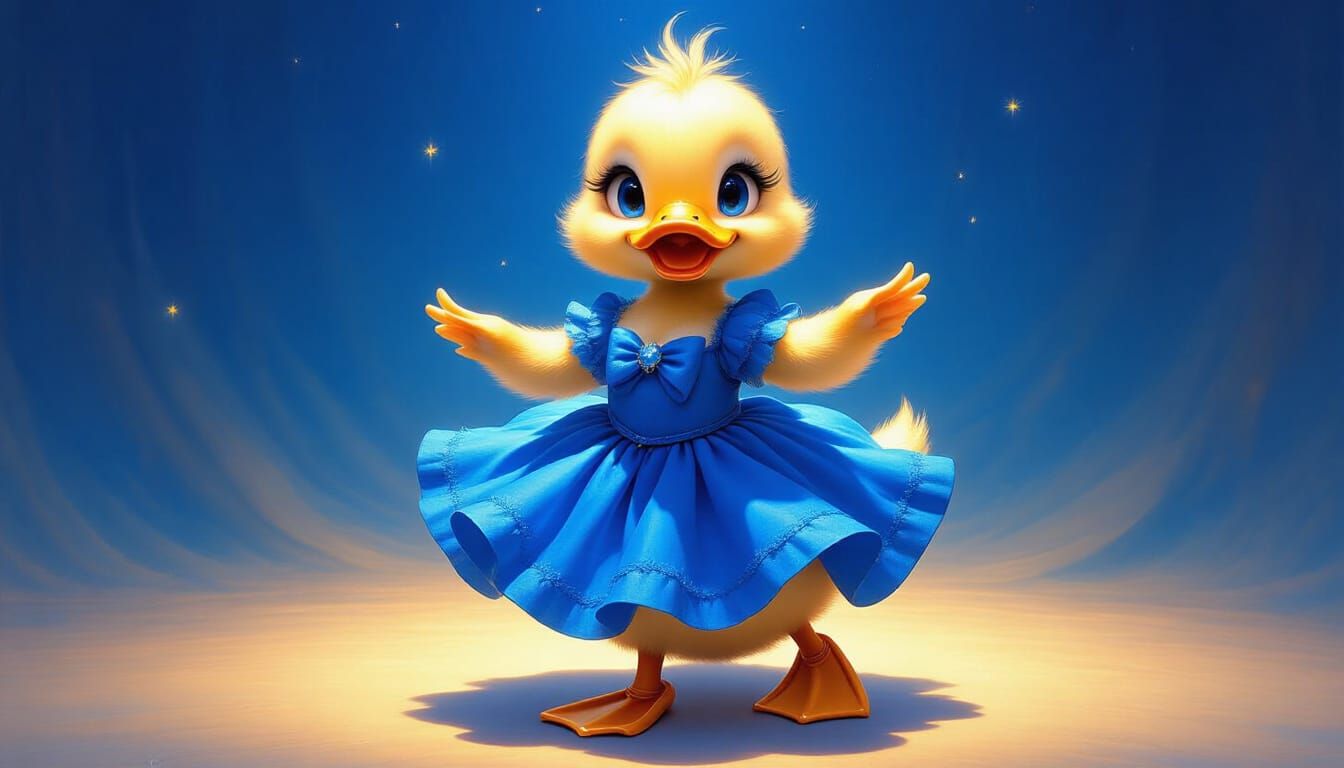 Dancing Duckling in Blue Dress: Surreal Mixed Media Art