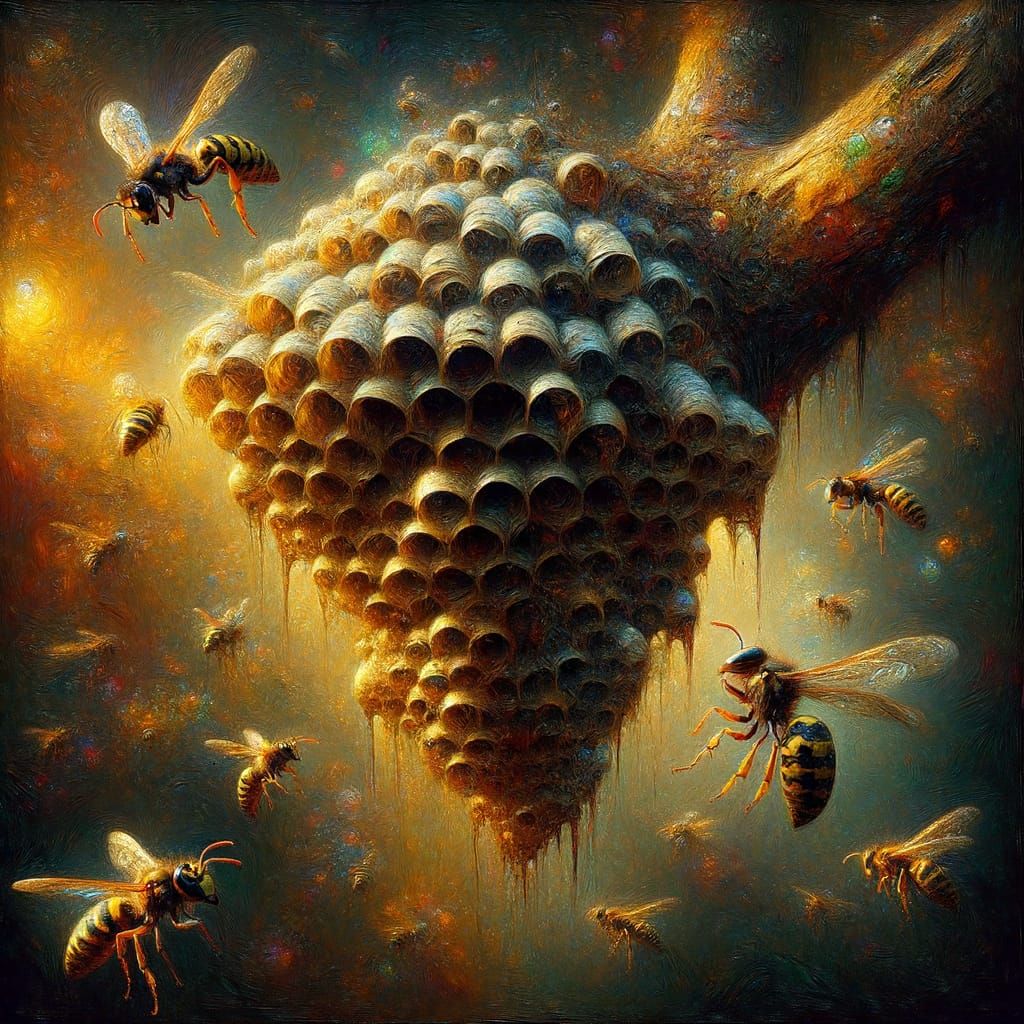 Ethereal Wasp Nest in Impressionist Oil Painting Style