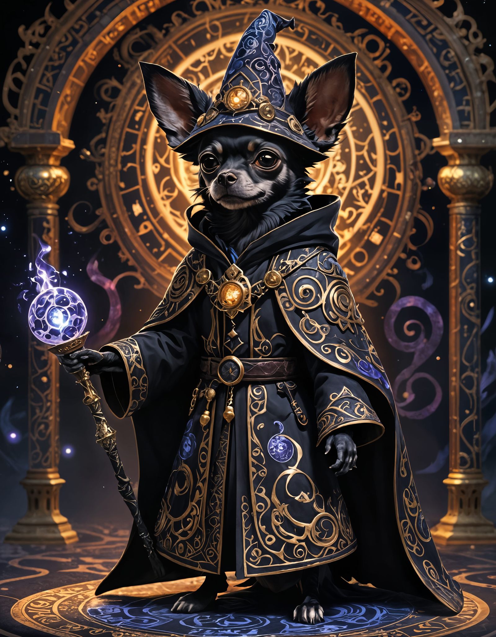 Mysterious Chihuahua Black Mage with Ornate Staff
