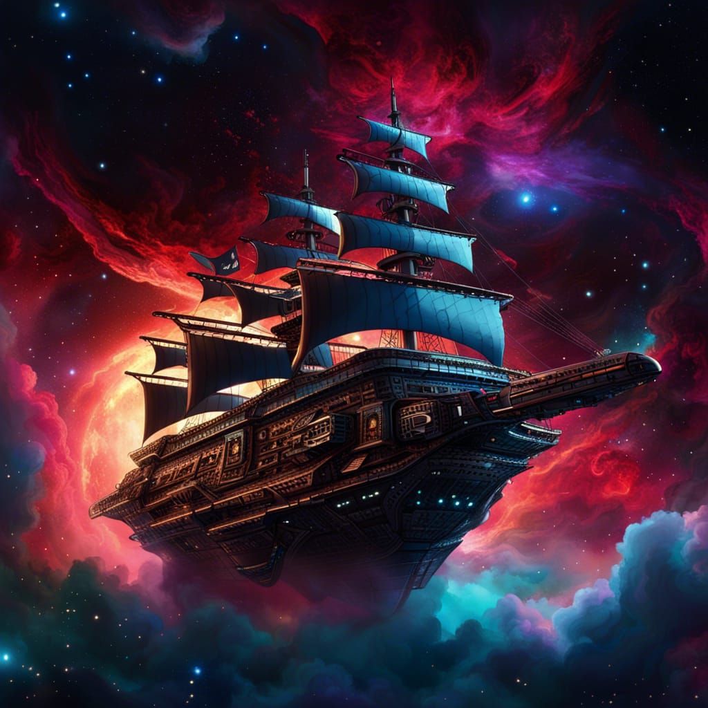 Pirate Ship Sailing Through Nebula, Digital Painting