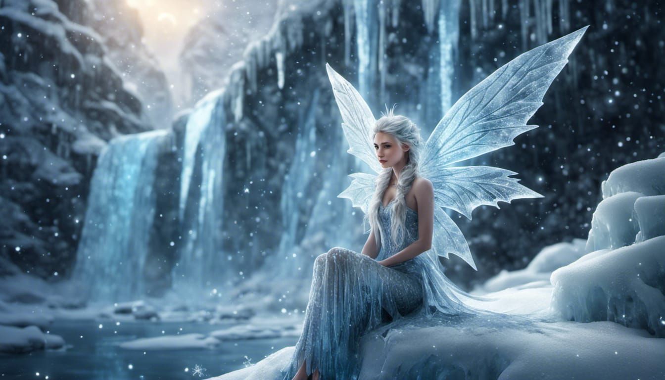 Detailed Ice Fairy by Frozen Waterfall