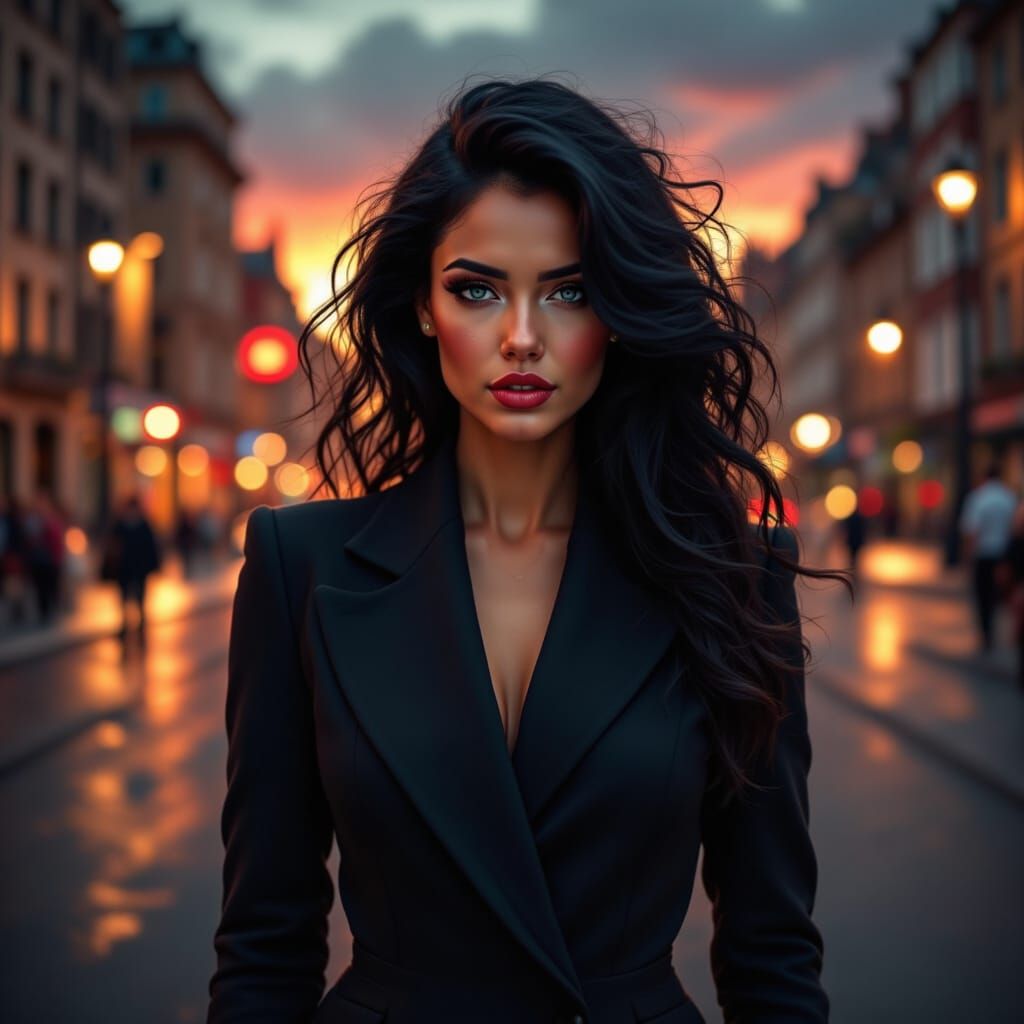 Powerful Woman in Cityscape Portrait, Hyperrealistic Style