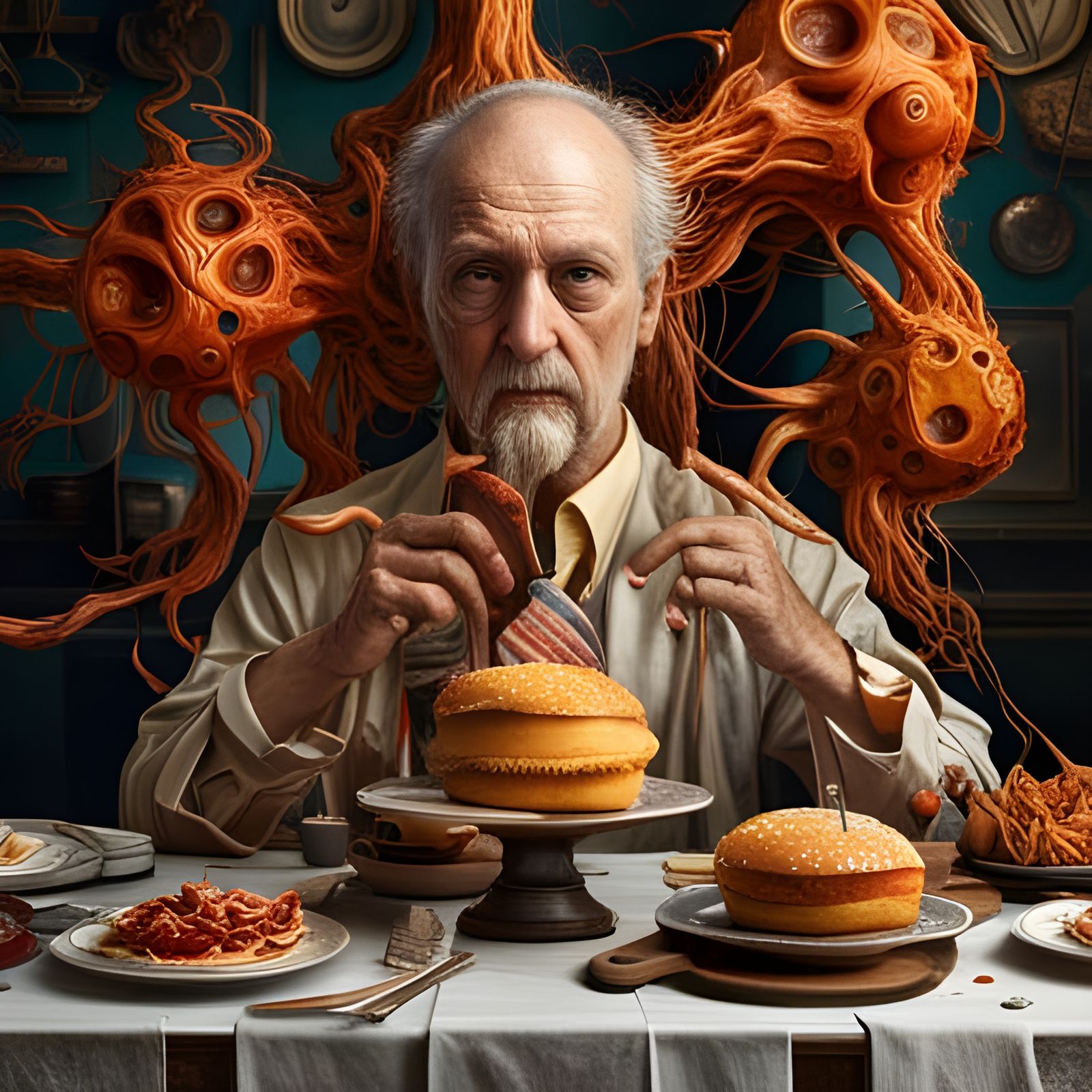 Bizarre Feast with Futuristic People, Hyperrealistic Digital...