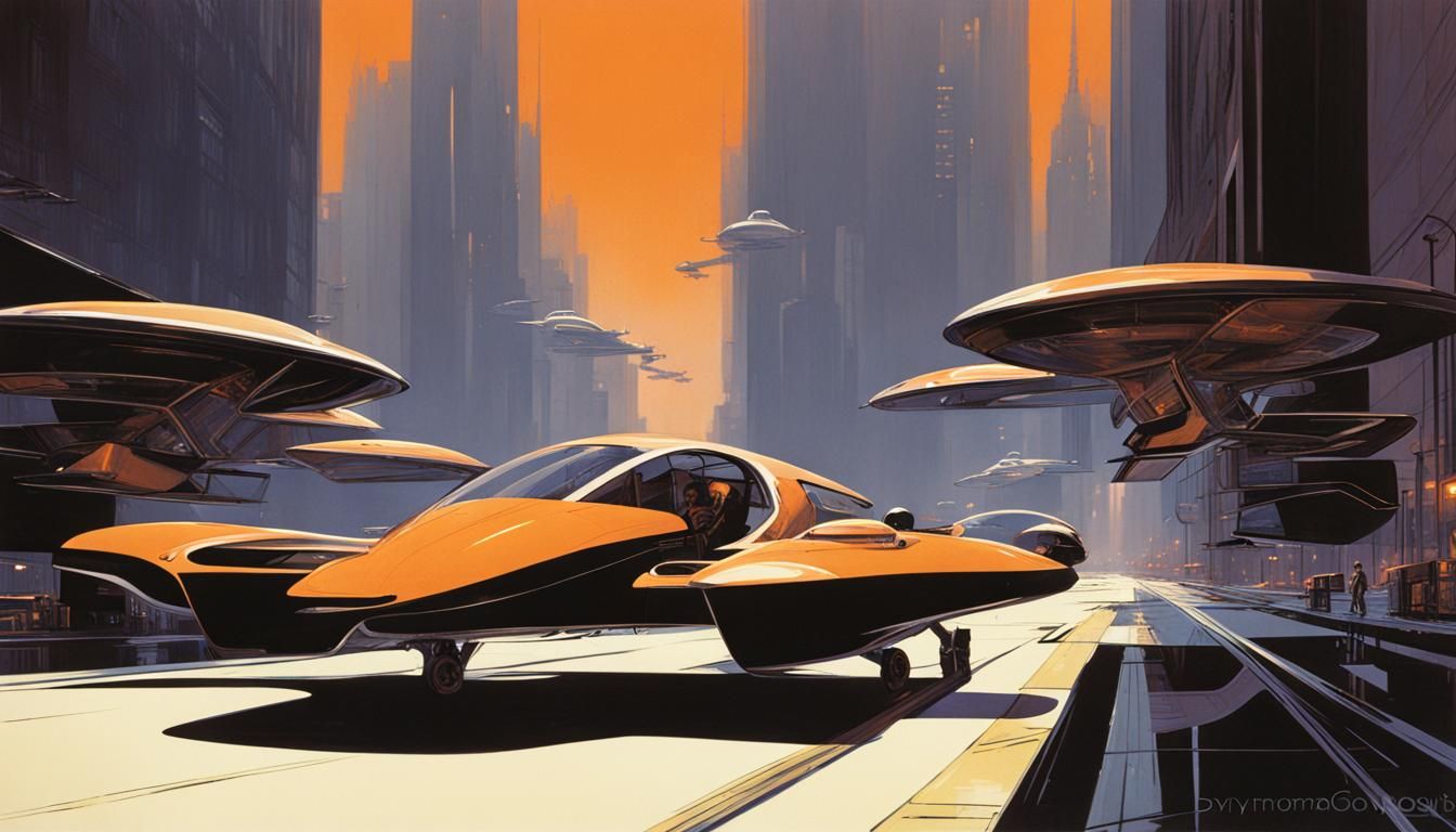 Dystopian Metropolis with Flying Cars in Retro-Futuristic St...