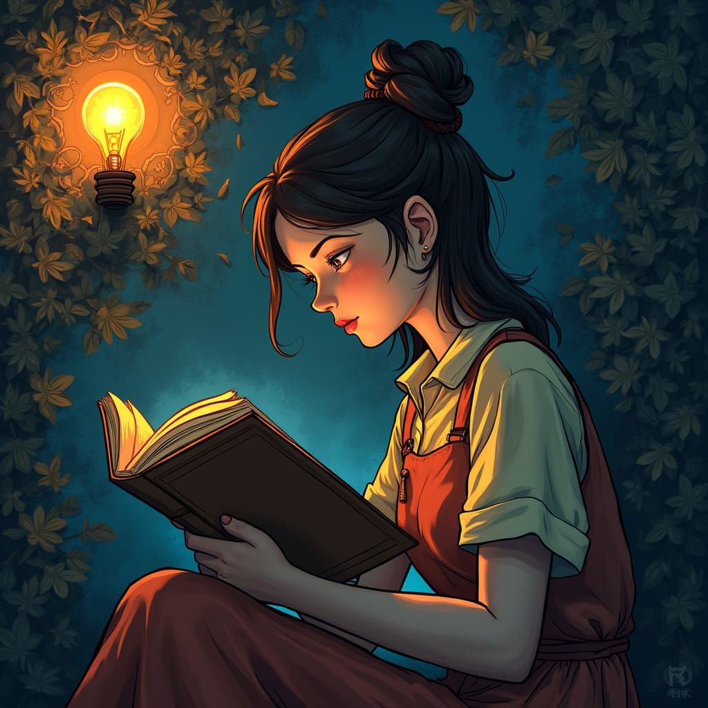 Woman Reading with Idea, Matte Painting Style