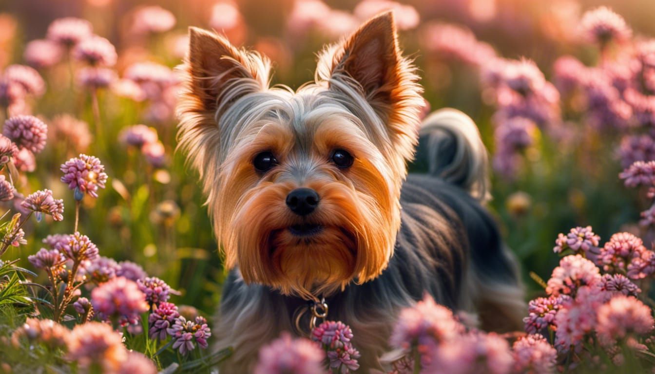 Yorkshire Terrier Puppy in a Field of Flowers