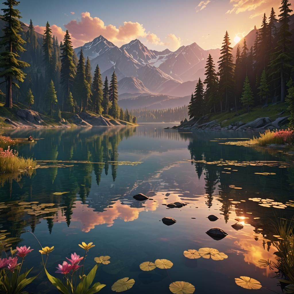 Lake and Forest Reflection at Sunset