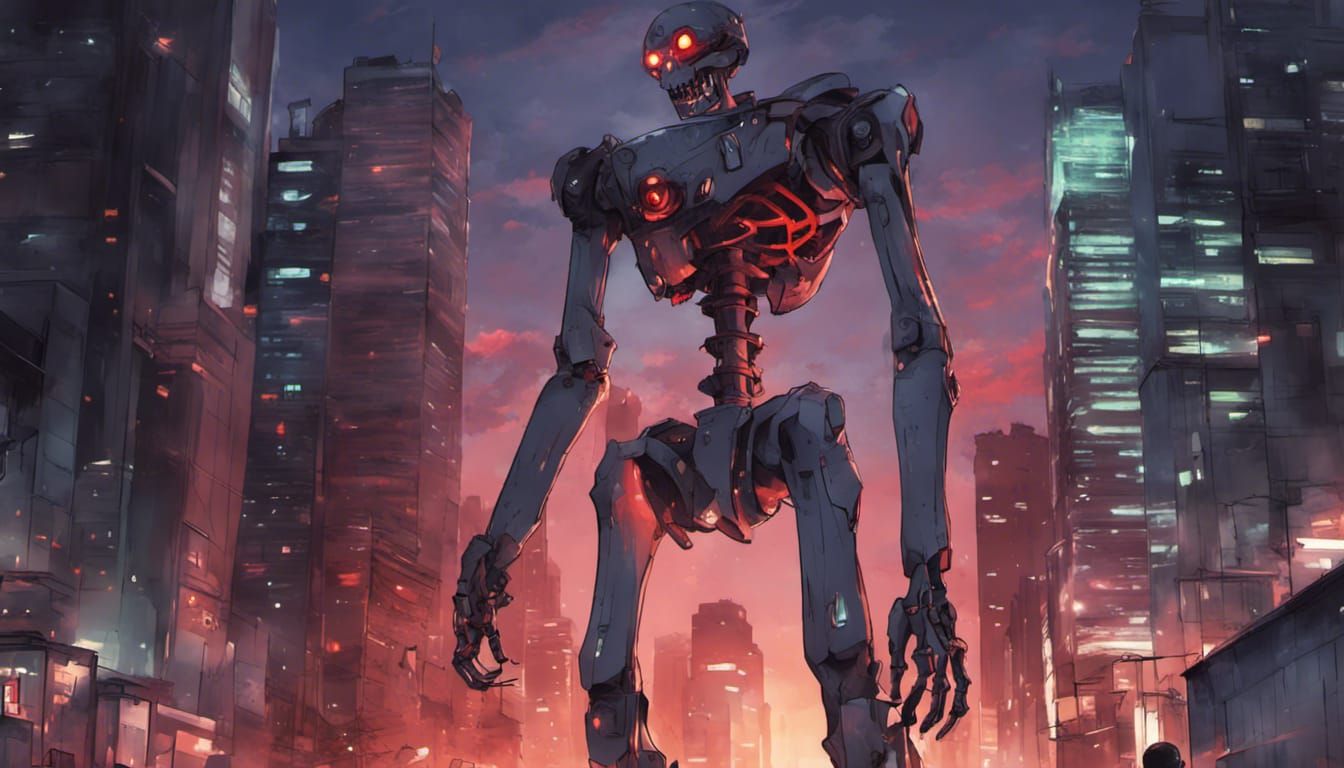Dystopian Robot in Burning City, Anime Mecha Style