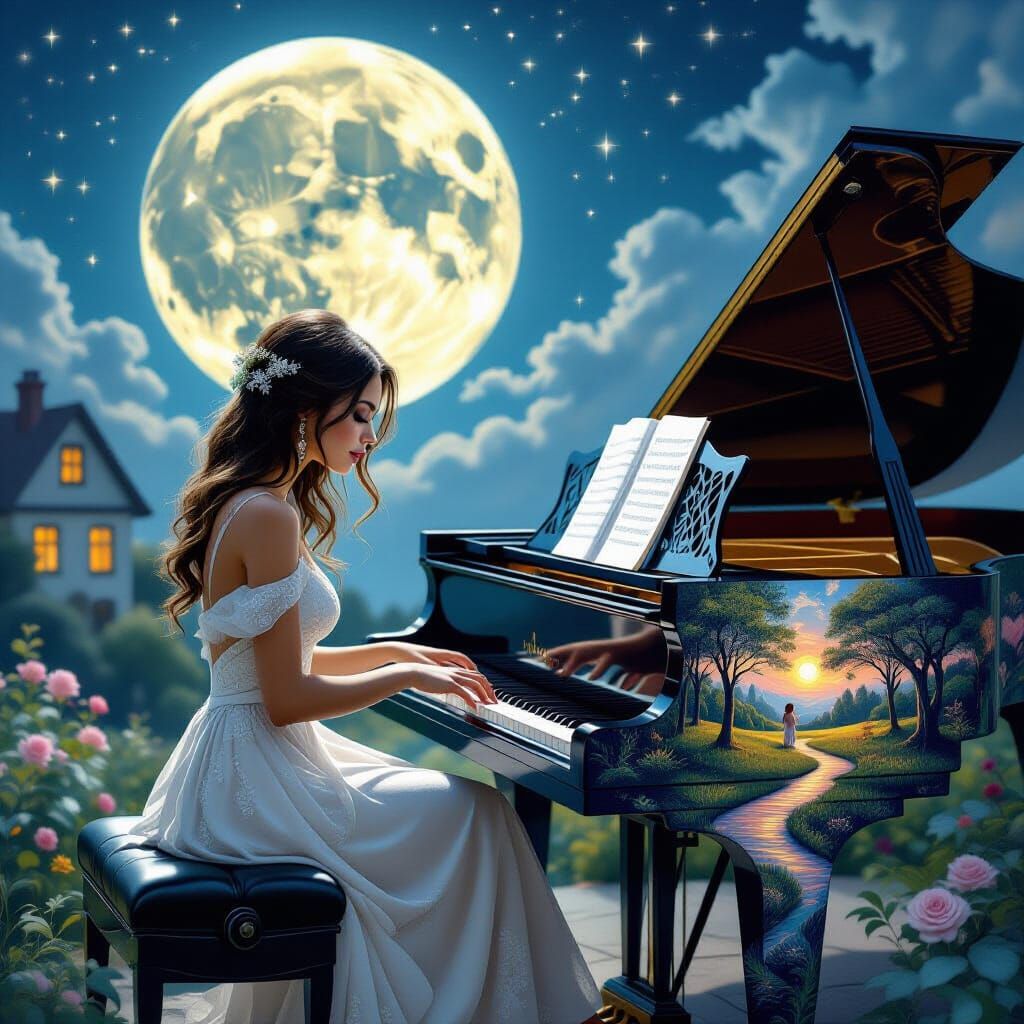 Woman Playing Piano Under Full Moon, Surreal Memory Skin
