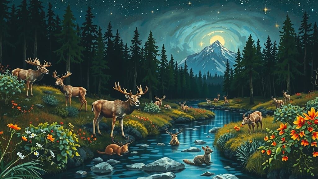 Whimsical Forest Animals Under Starry Night Sky