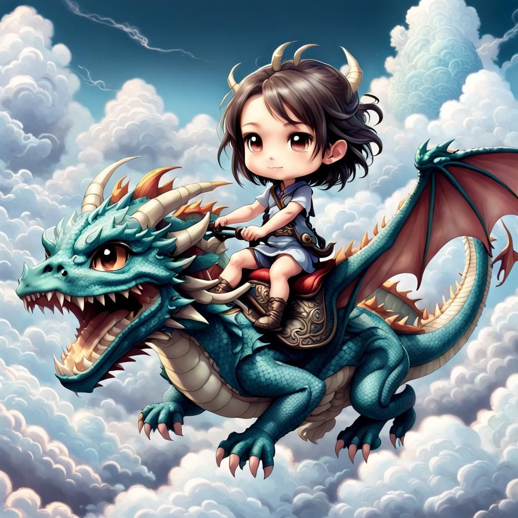 Chibi Dragon Rider in the Clouds, Hyperdetailed Art