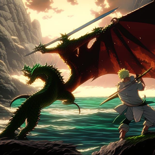 Dragon Battles Anime Swordsman on Rocky Coast