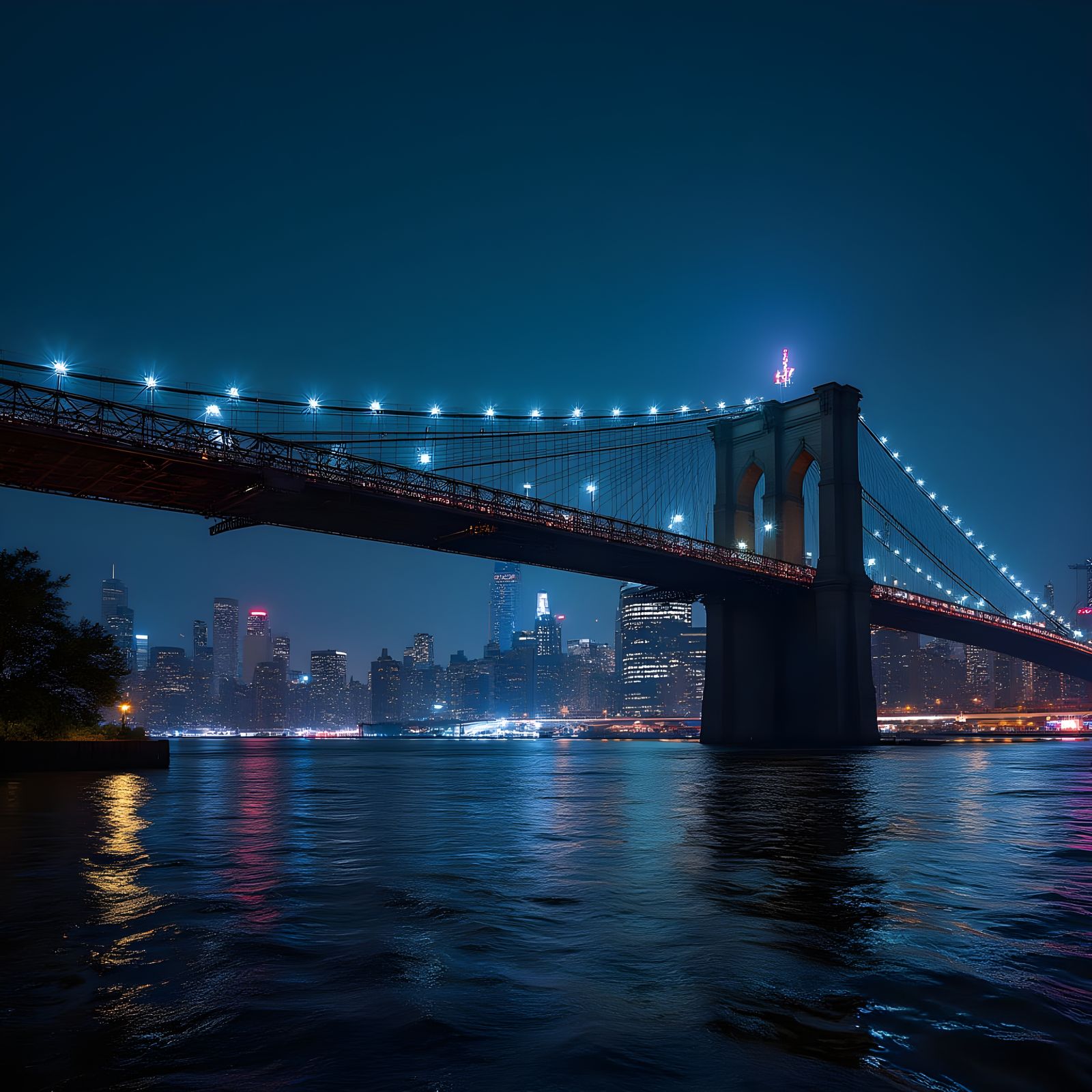 Majestic Brooklyn Bridge at Night in Neon-Lit Cityscape Styl...