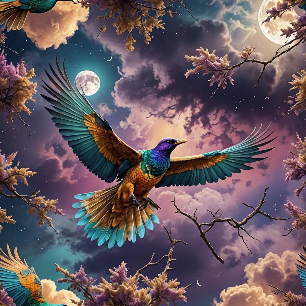 Colorful Bird Under Moon in Digital Art Style