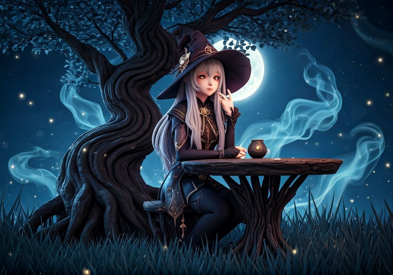 Young Witch in Moonlit Forest Glade